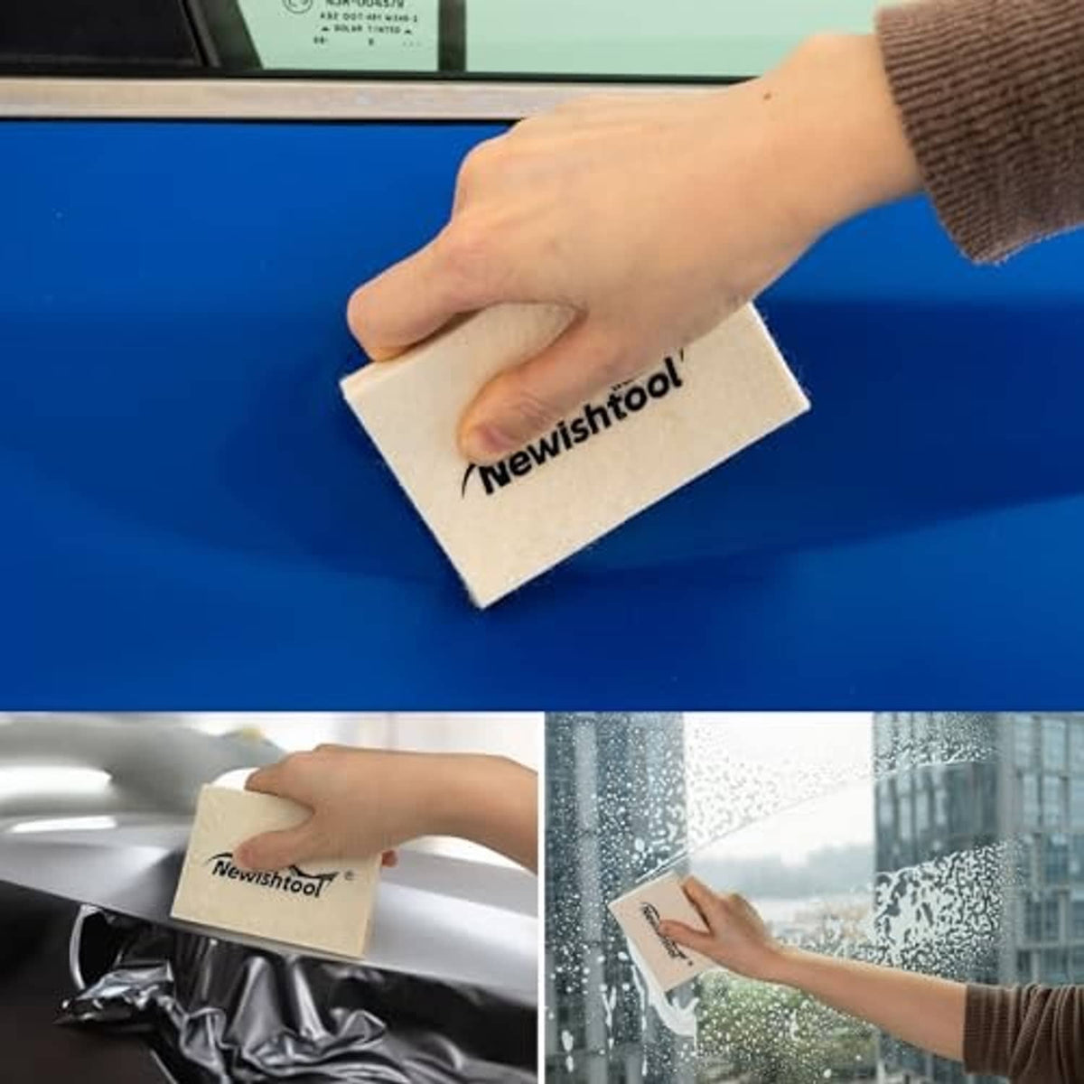 Wool felt squeegee pad pressing window tint, beige rectangle in hand