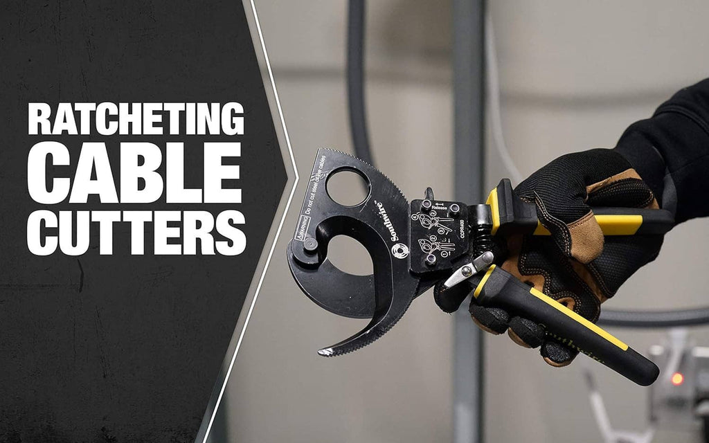 Ratcheting cable cutters tool with black cutter head and yellow-black handles