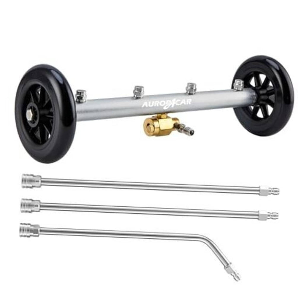 16-inch undercarriage pressure washer attachment with black wheels and brass coupler