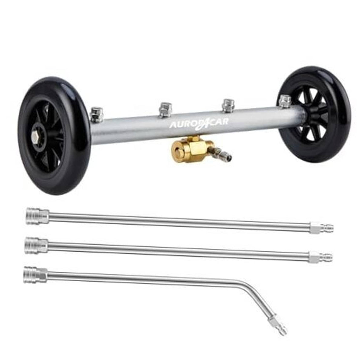 16-inch undercarriage pressure washer attachment with black wheels and brass coupler