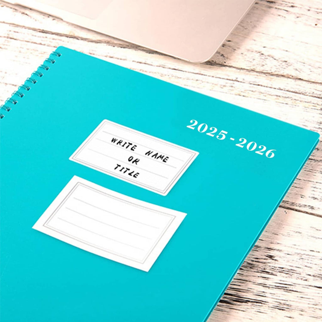 Turquoise 2025-2026 planner cover with editable label cards for write name and title