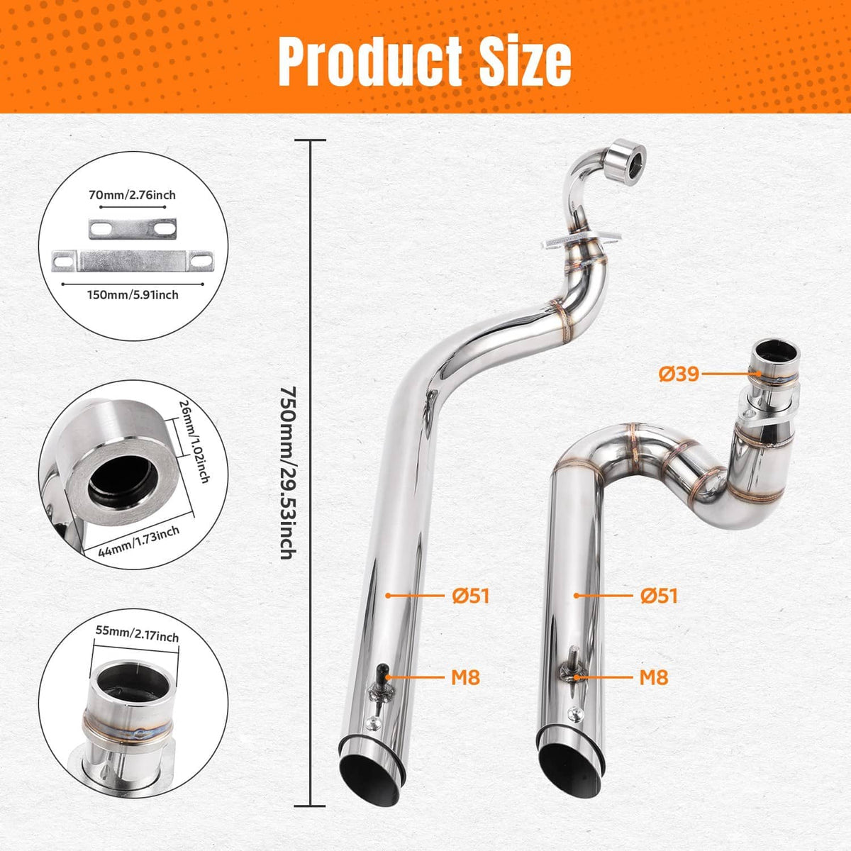 Exhaust pipe set diagram showing dimensions for headers and muffler sections