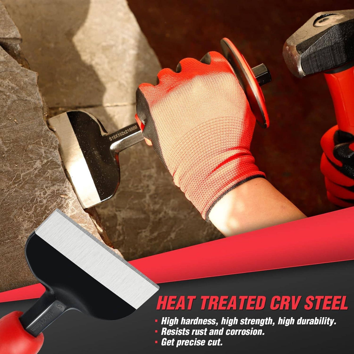 Red-gloved hands using masonry chisels on stone with black-and-red grips
