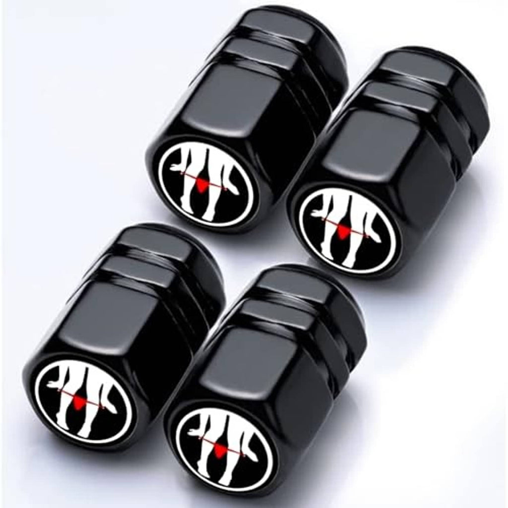 Four black tire valve caps with red flame emblem, glossy with knurled edges.