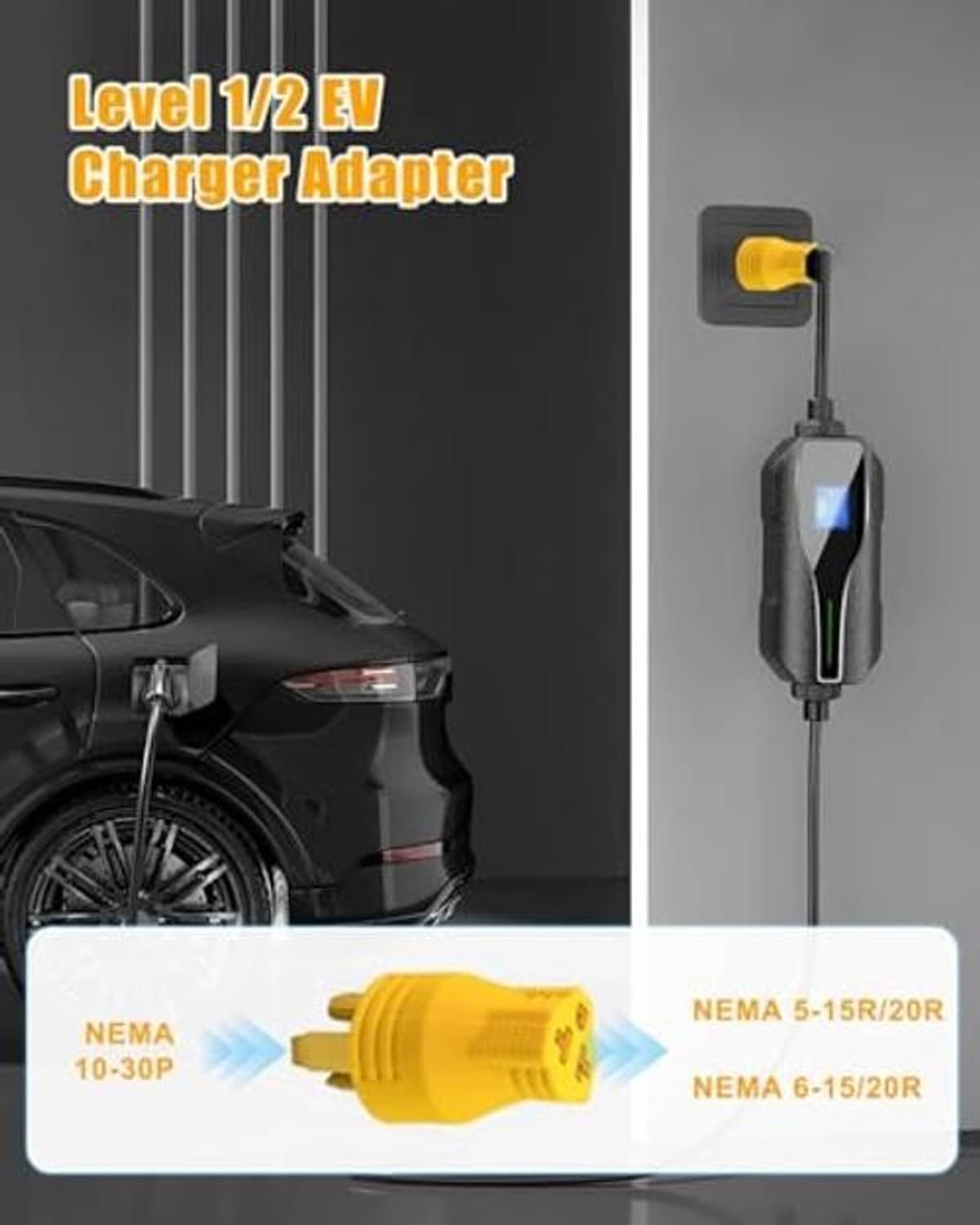 Yellow Level 1/2 EV charger adapter plug with connected charging cable