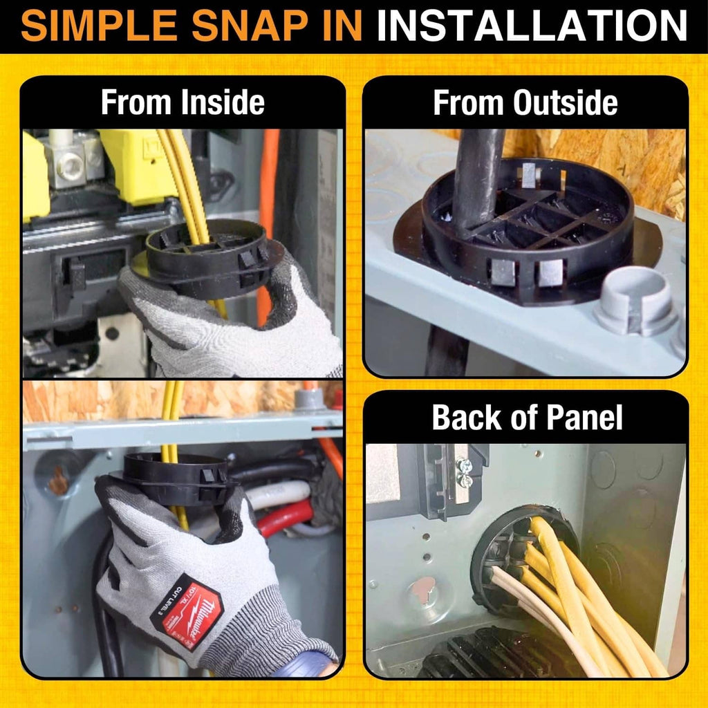 Wire waffle connector showing snap-in installation from inside and outside panel