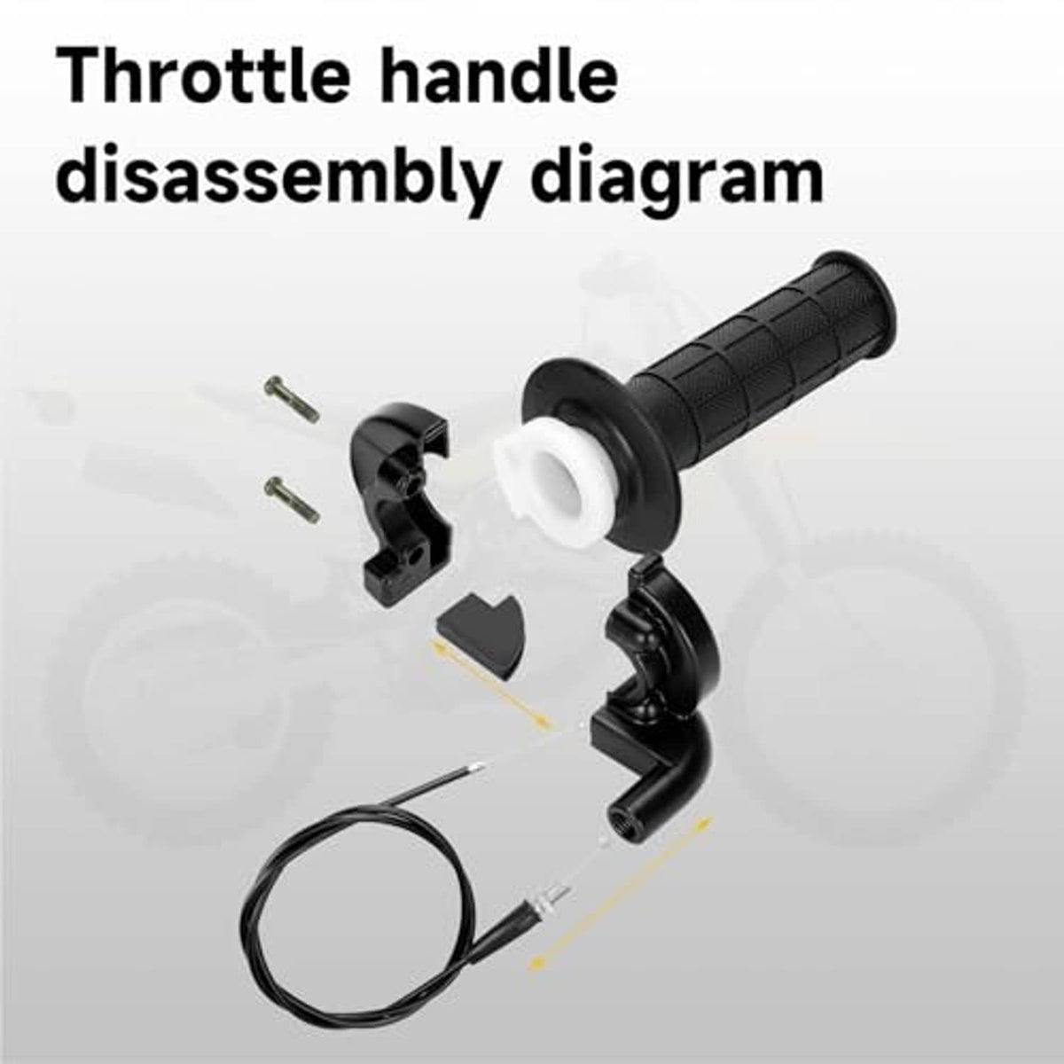 Throttle handle disassembly diagram with black grips, switch, and cable components