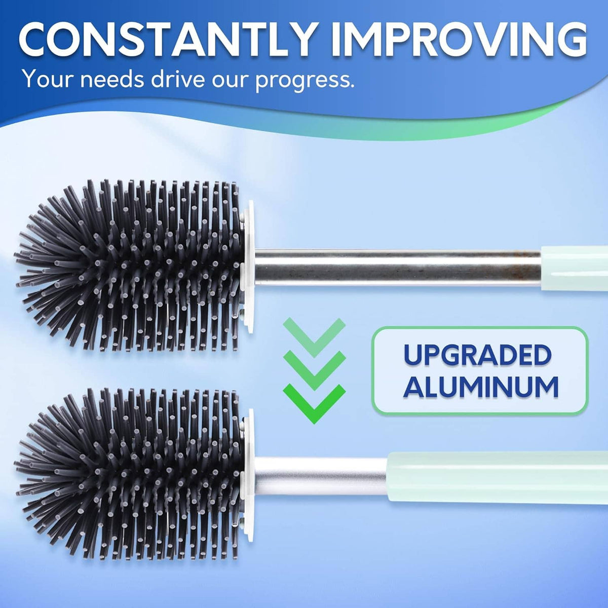 Toilet scrub brush with dense bristles and light mint handle