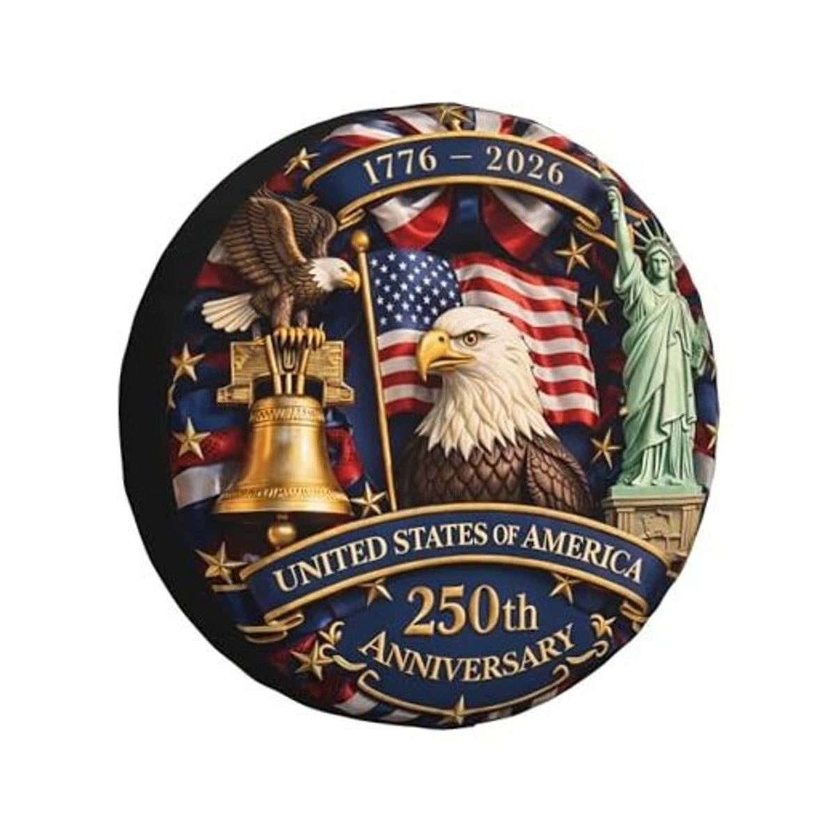 14-inch spare tire cover, patriotic eagle and U.S. flag with 250th anniversary design