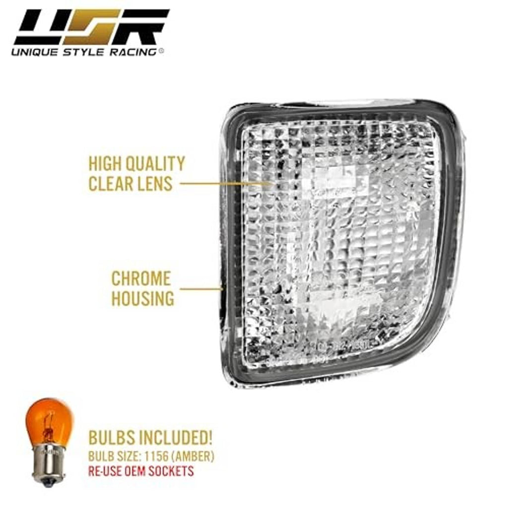 Clear square turn signal lens with chrome housing and included amber bulb
