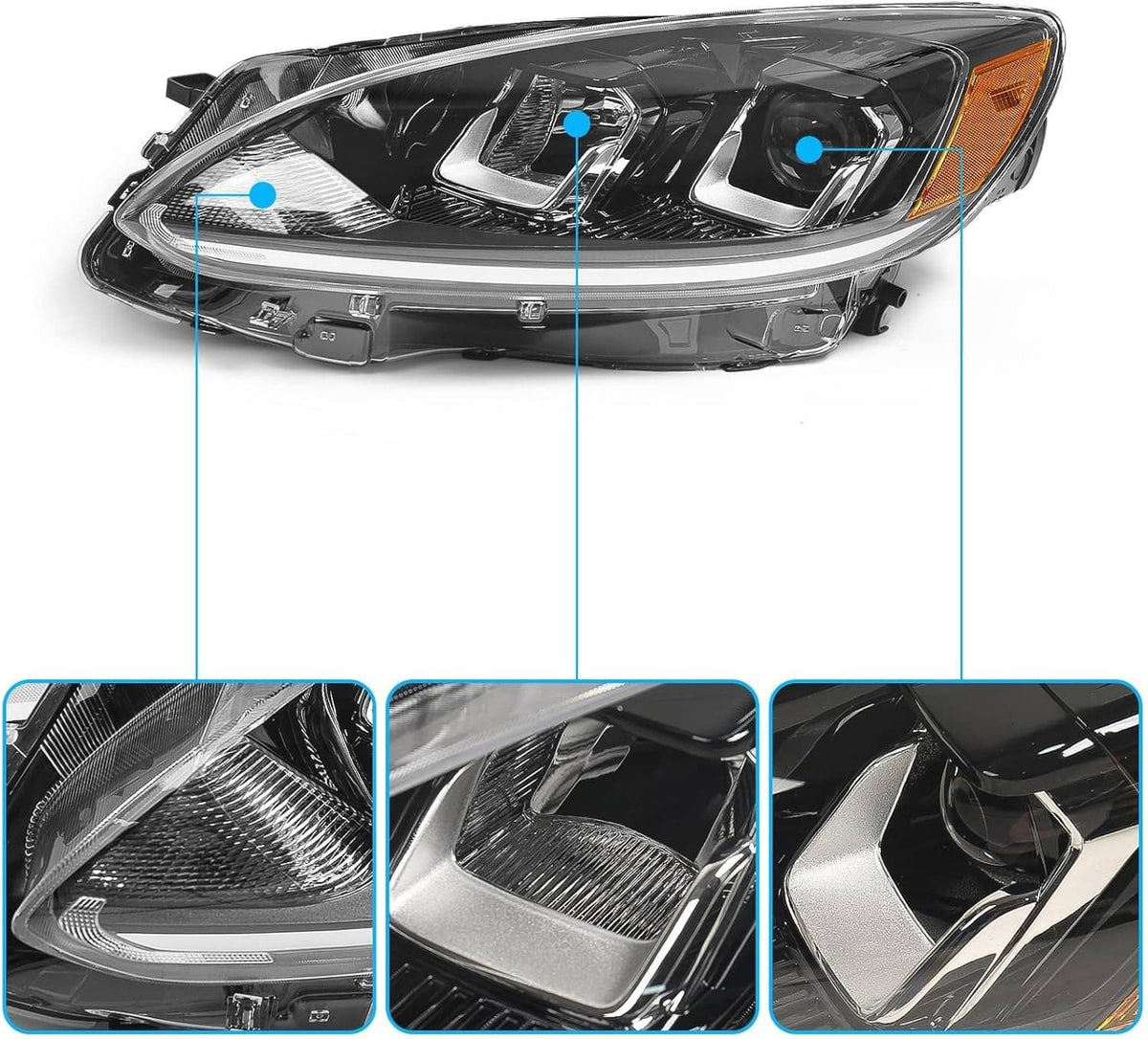 Left halogen headlight assembly with clear lenses, chrome reflectors, and amber corner reflector