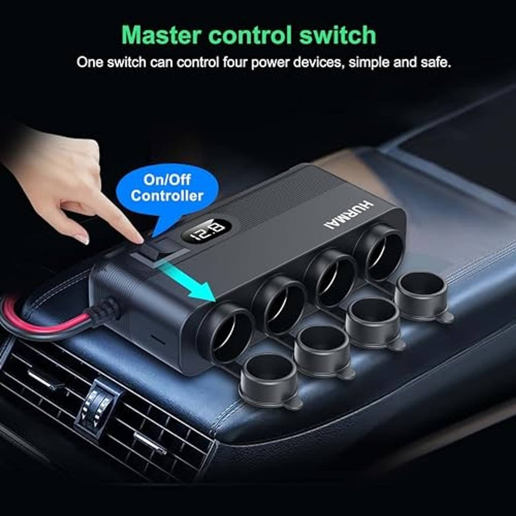 Black HURMAI car charger with on/off control switch and multiple circular ports