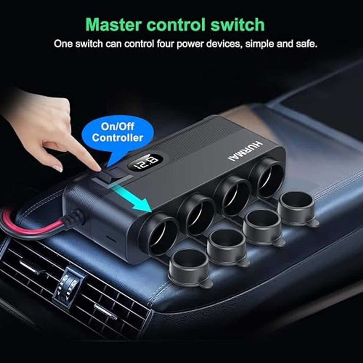 Black HURMAI car charger with on/off control switch and multiple circular ports
