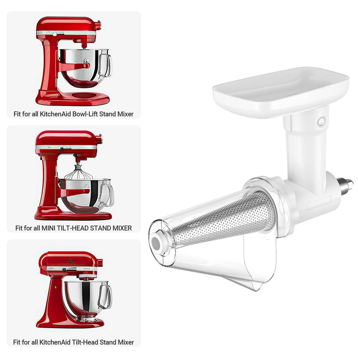 White strainer attachment with perforated mesh barrel shown on stand mixer compatibility