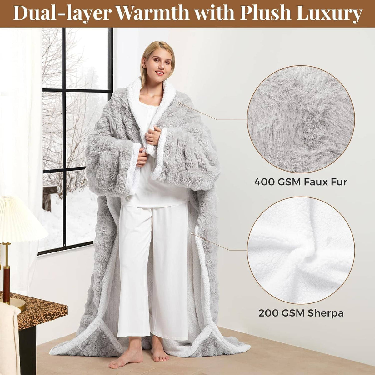 Light gray plush faux fur wearable heated blanket robe with hood and open front; controller