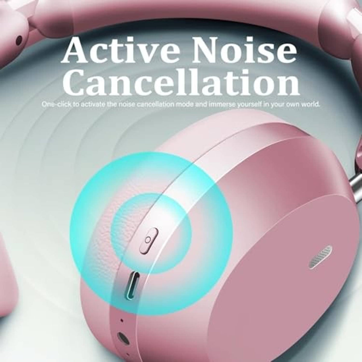 Pink wireless over-ear headphones with active noise cancellation control visible