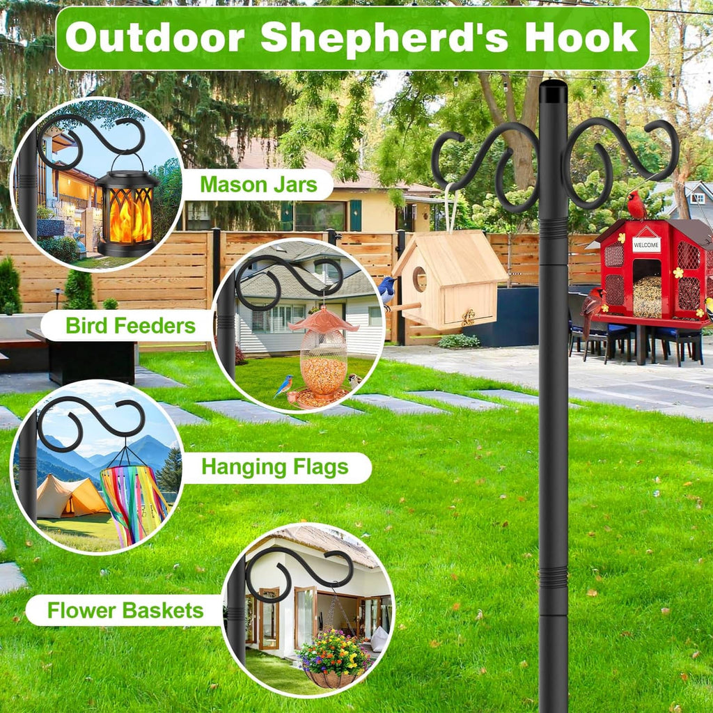 Black double shepherd hook pole with curled arms for hanging flower baskets and feeders
