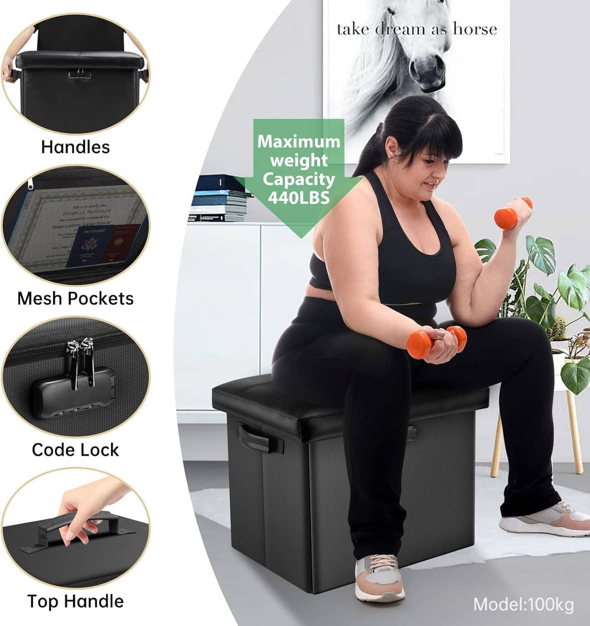 Black storage ottoman with top handle, side latches, mesh pockets and code lock.