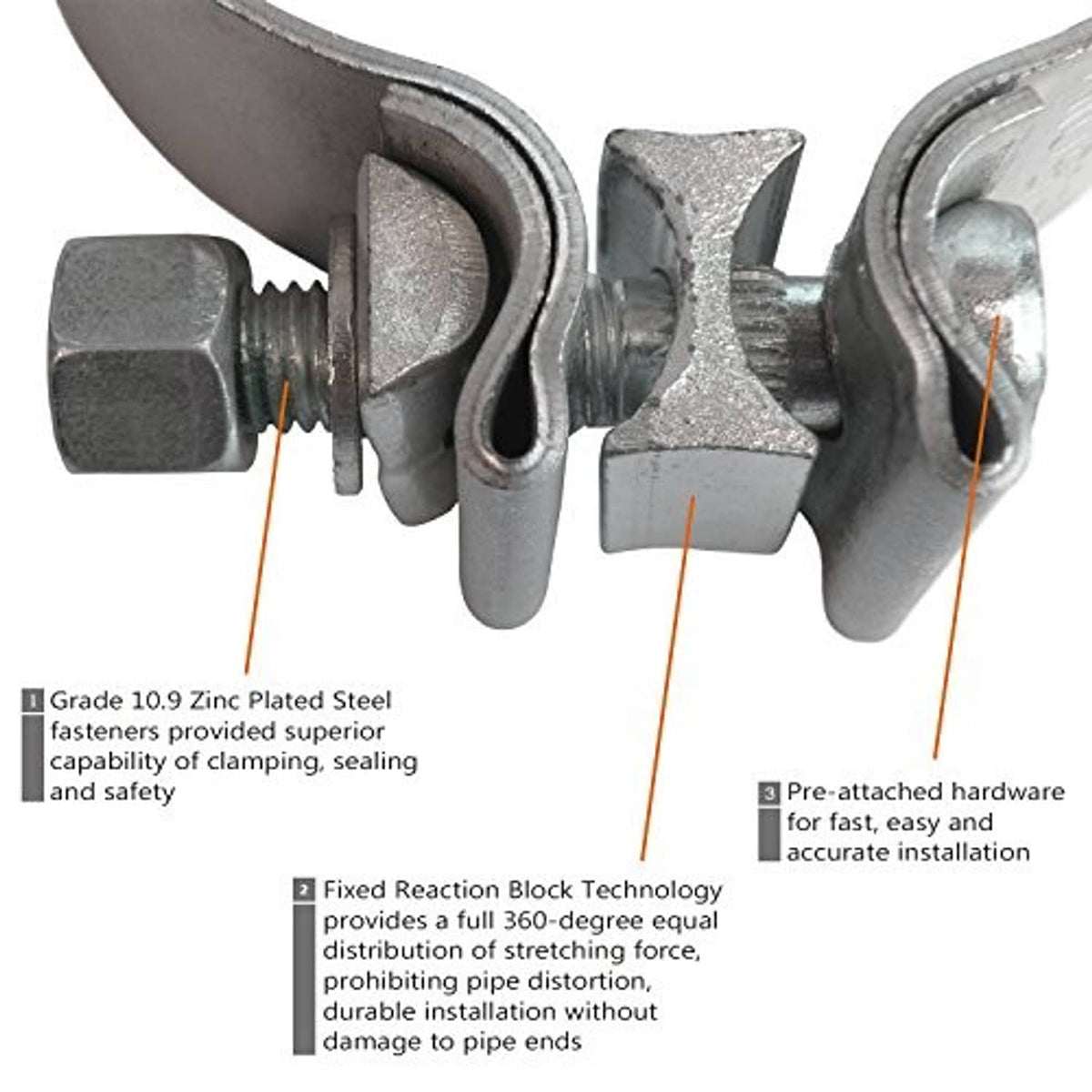 Close-up exhaust clamp with reaction block and screw hardware on steel band