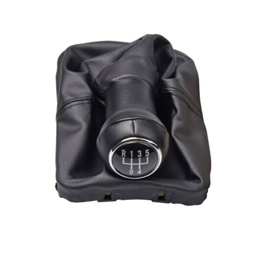 Black 5-speed manual gear shift knob with leather boot, chrome shift pattern plate