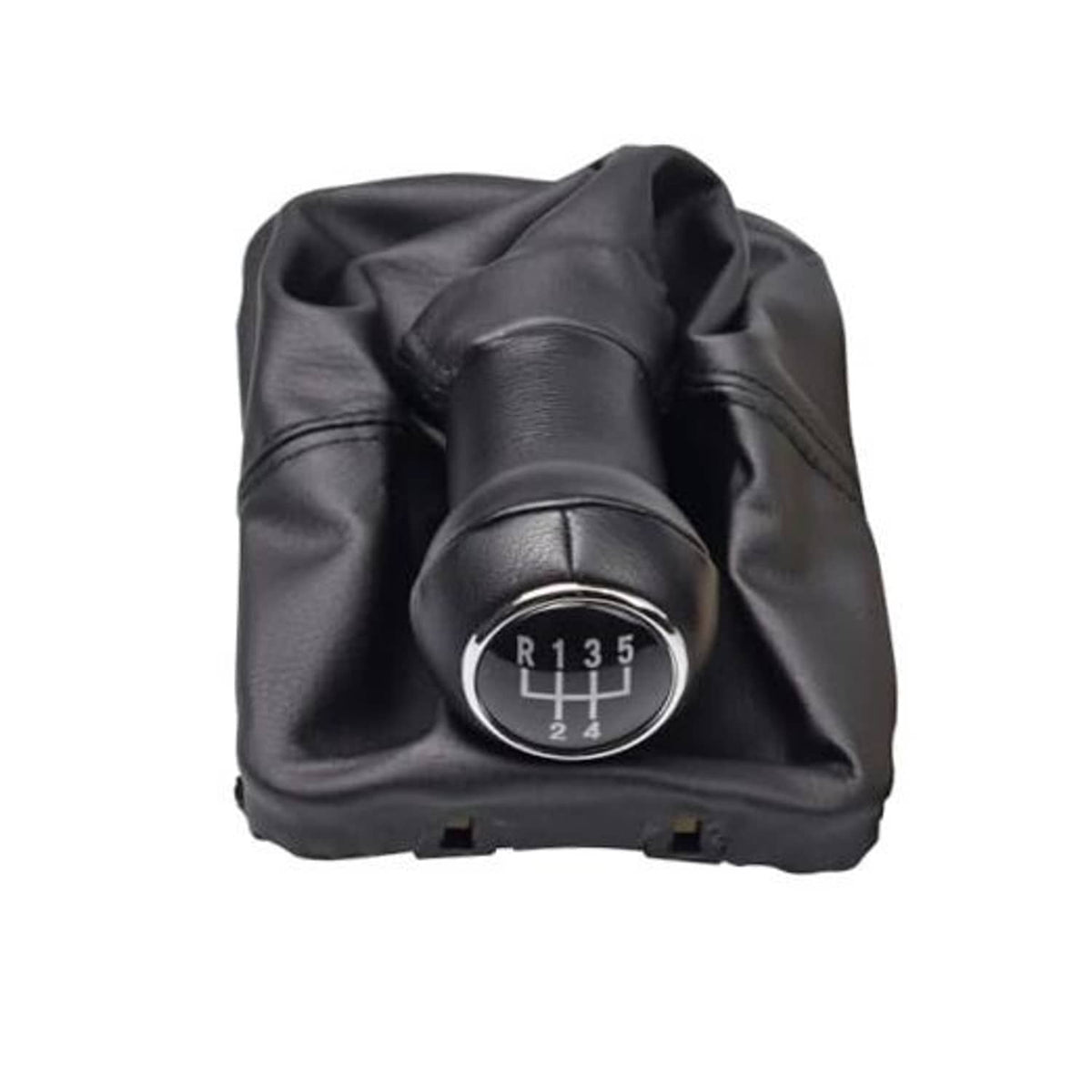 Black 5-speed manual gear shift knob with leather boot, chrome shift pattern plate