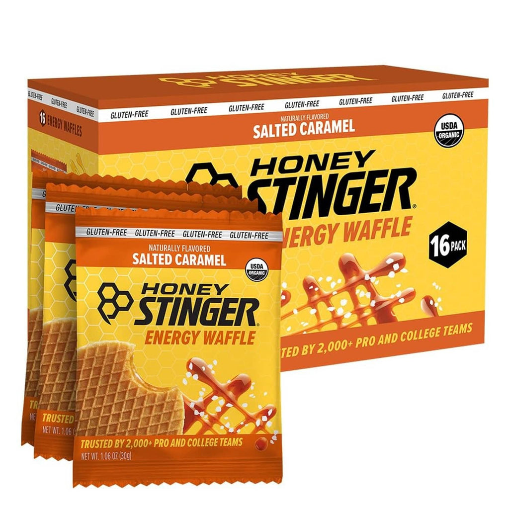 Honey Stinger salted caramel gluten-free energy waffle 16-pack box with pouch