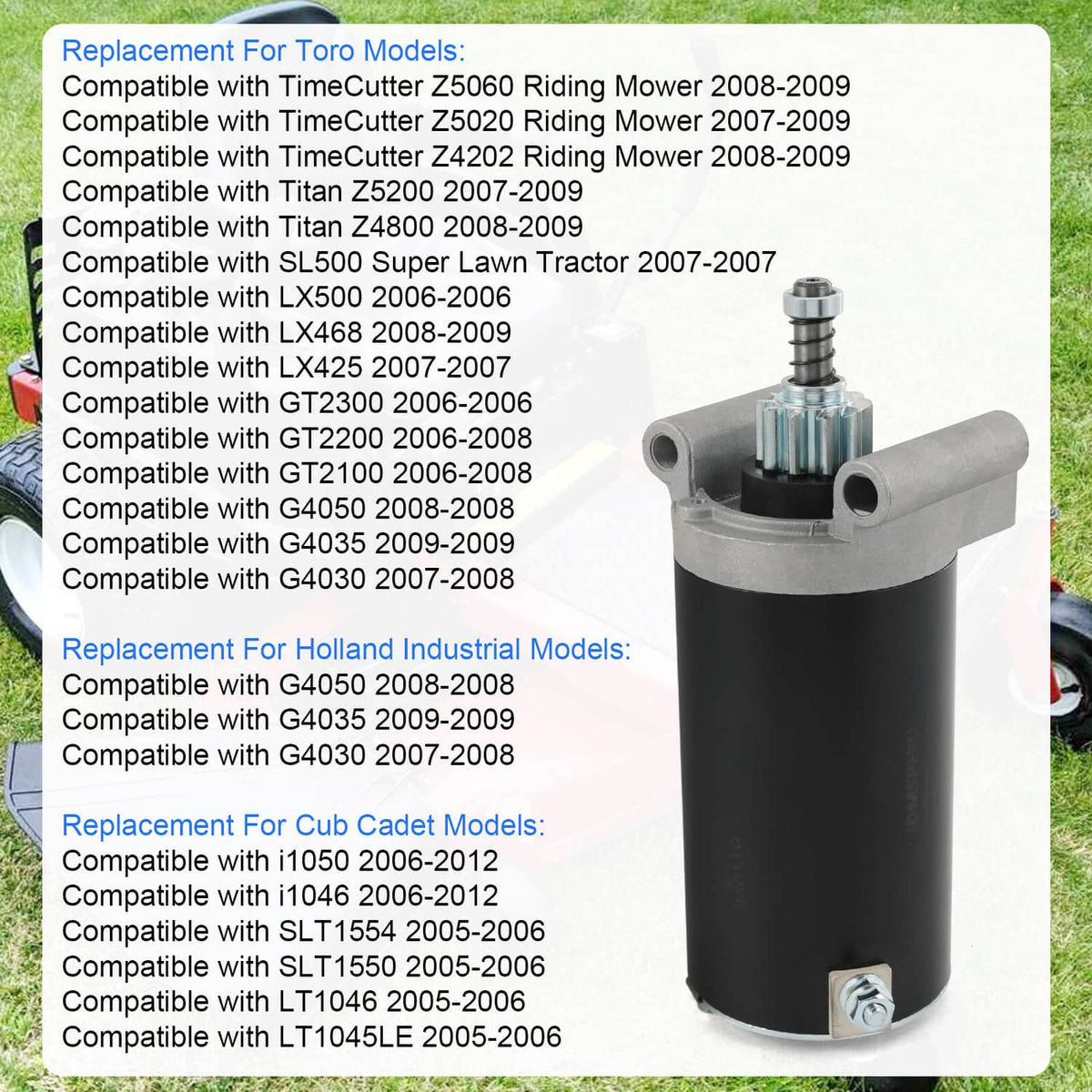Electric starter motor on retail card, black cylinder with silver end cap and bracket