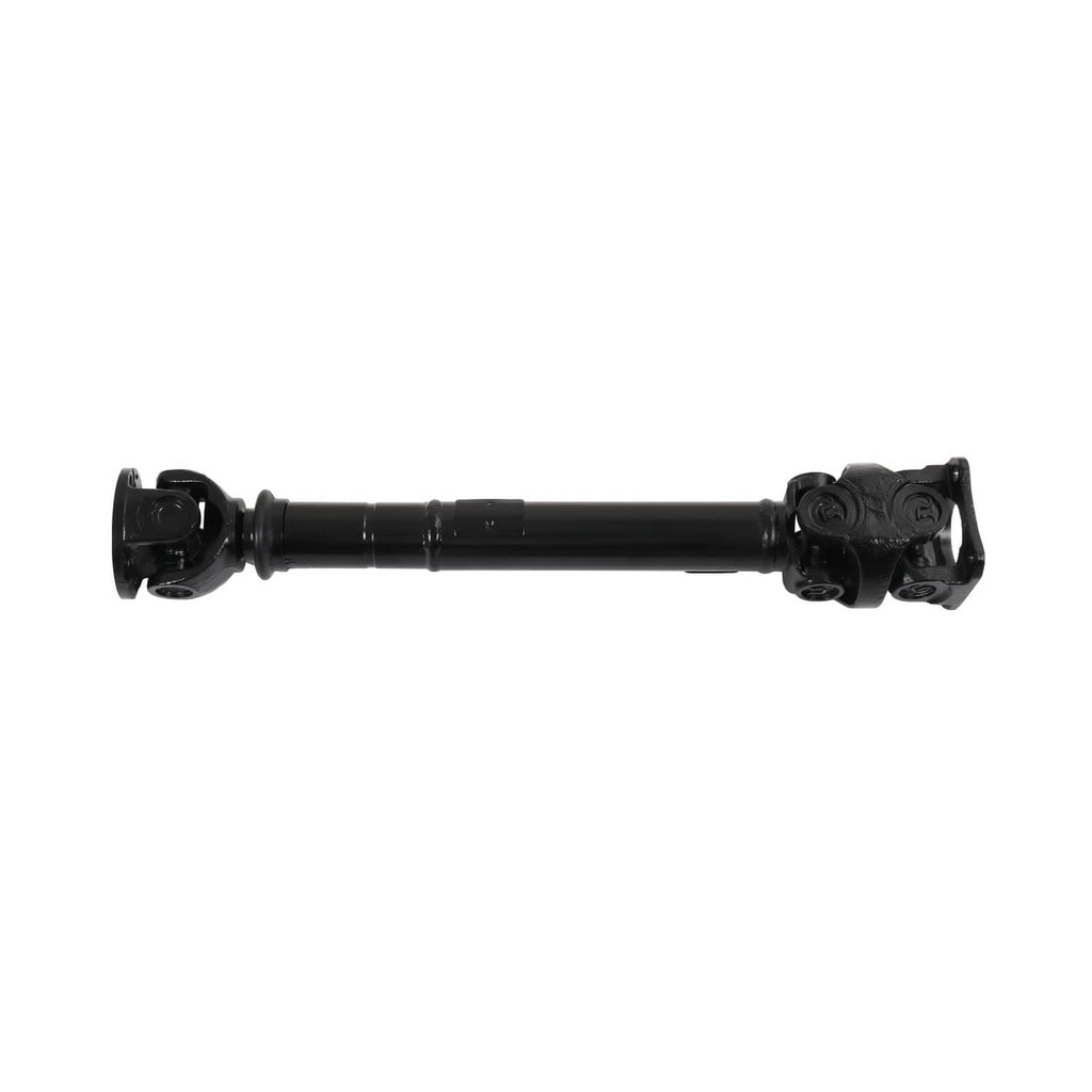 Front drive shaft assembly with U-joints and end yokes, black steel driveshaft.