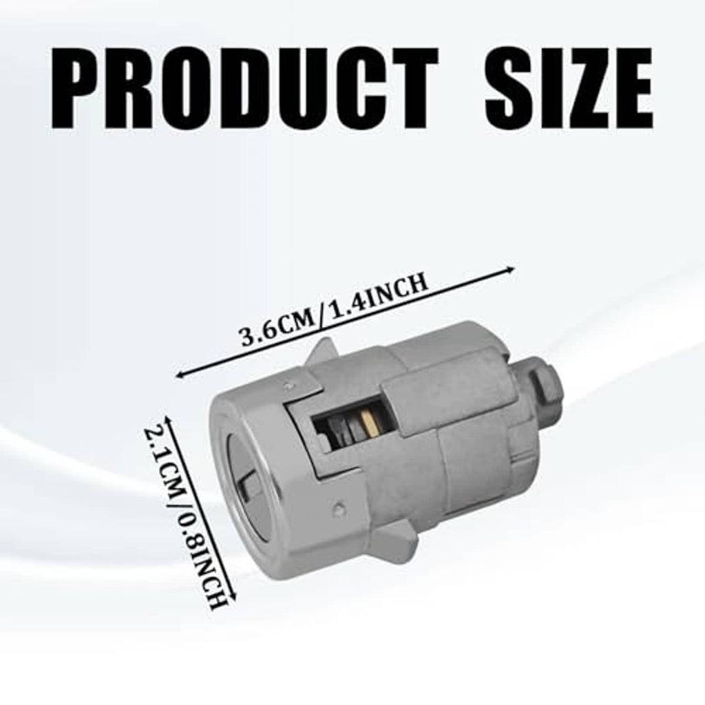 Gray door lock cylinder with metal core and labeled size dimensions