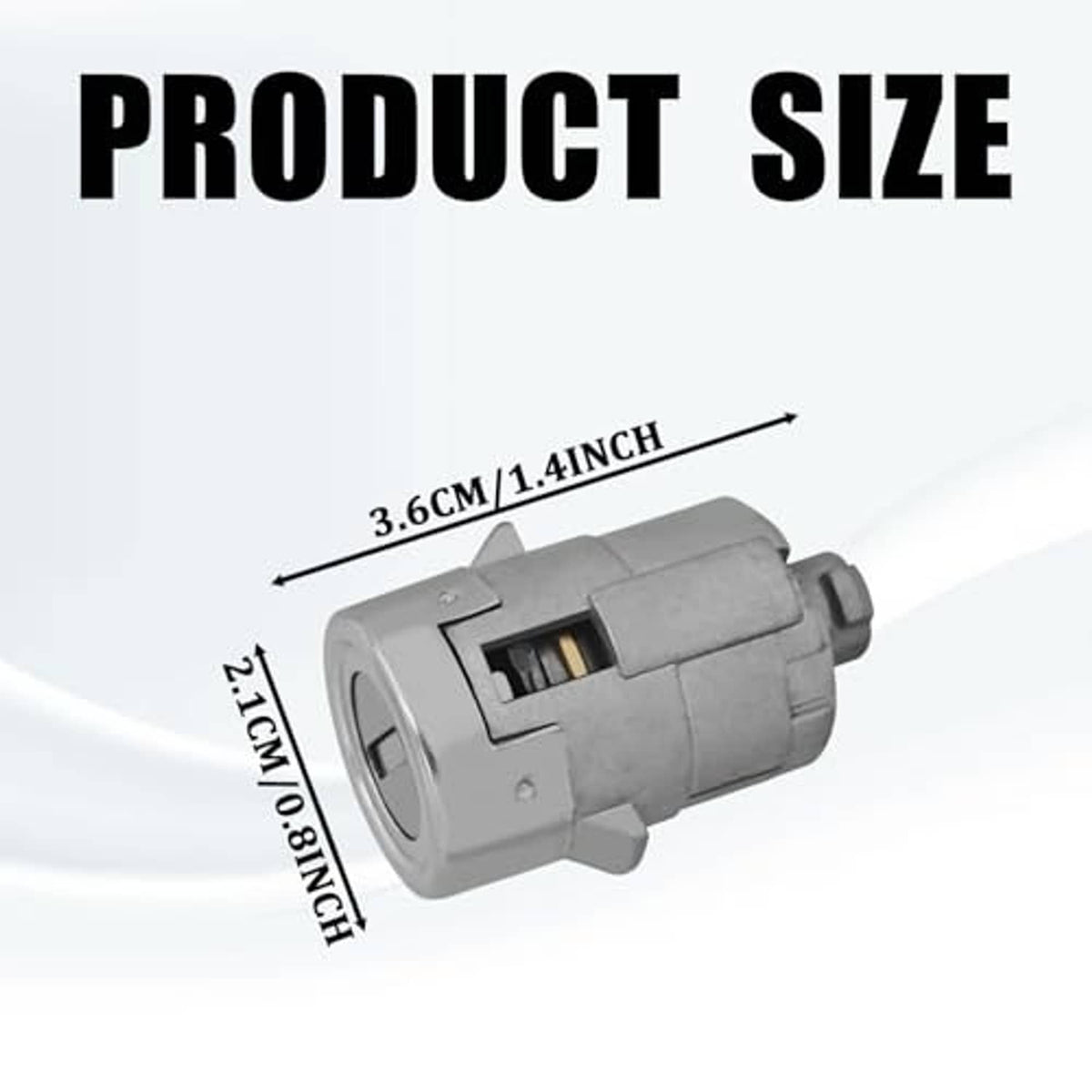 Gray door lock cylinder with metal core and labeled size dimensions