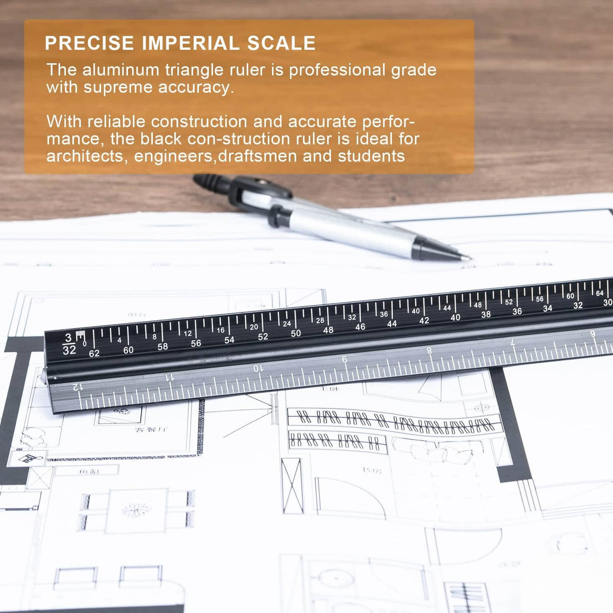 Architectural scale ruler on floor plans with pen and engineering layout markings