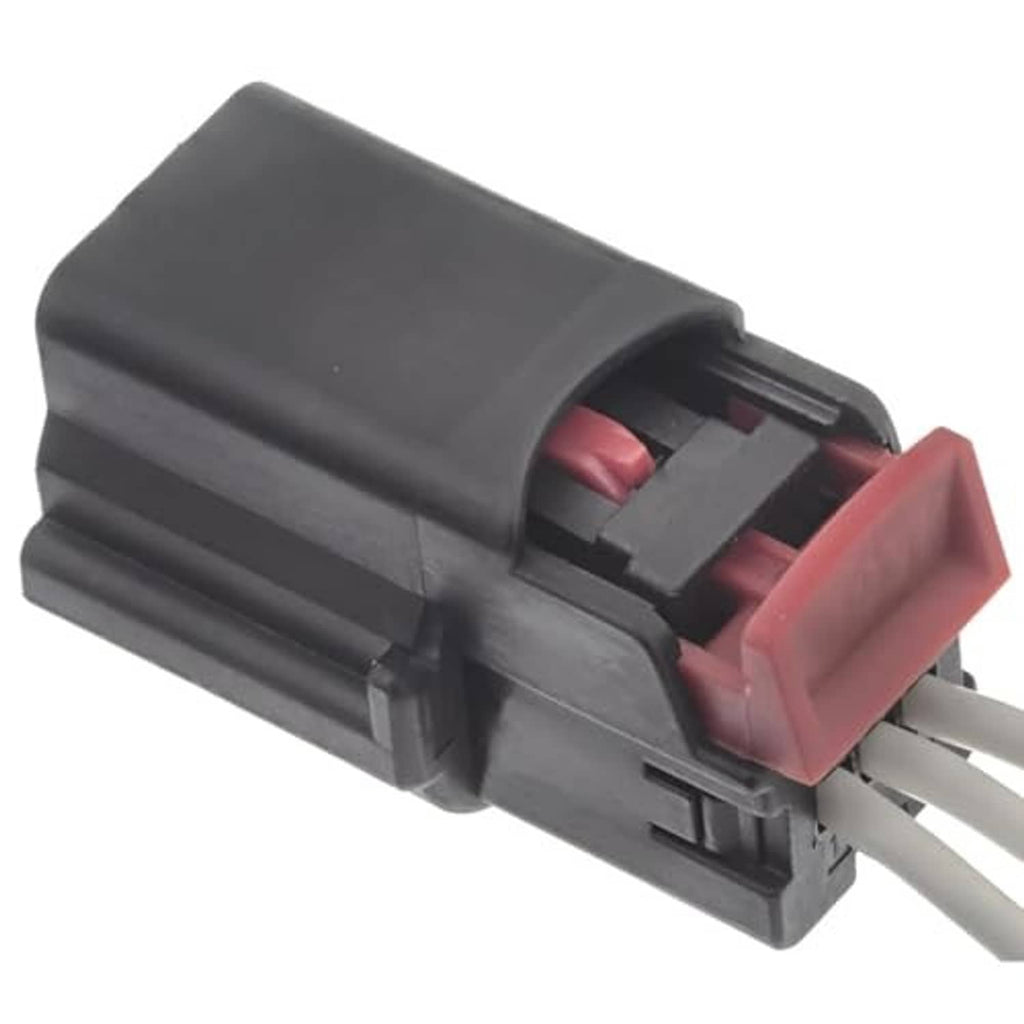 Crankshaft sensor pigtail connector with black body, red latch, and gray wires