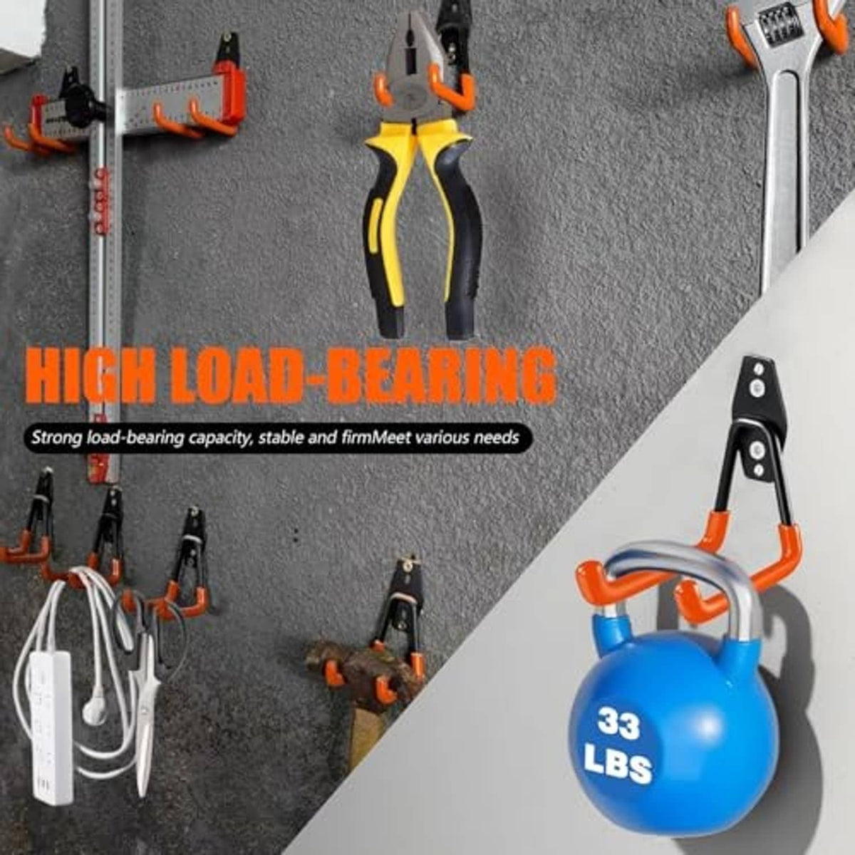 Orange steel hook with black mounting plate holding a blue kettlebell