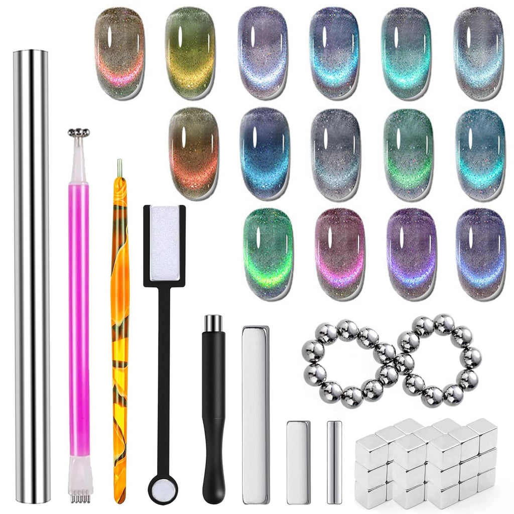 Cat-eye nail magnet kit contents with magnets, tools, bead bracelets, metal cubes, and swatches