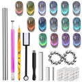 Cat-eye nail magnet kit contents with magnets, tools, bead bracelets, metal cubes, and swatches