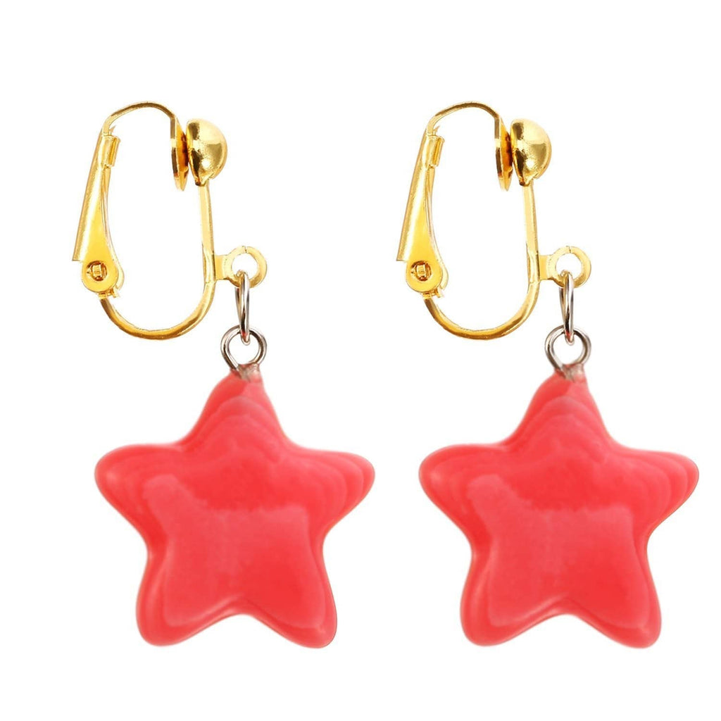 Gold-tone clip-on earrings with red star dangle charms and lever clasp