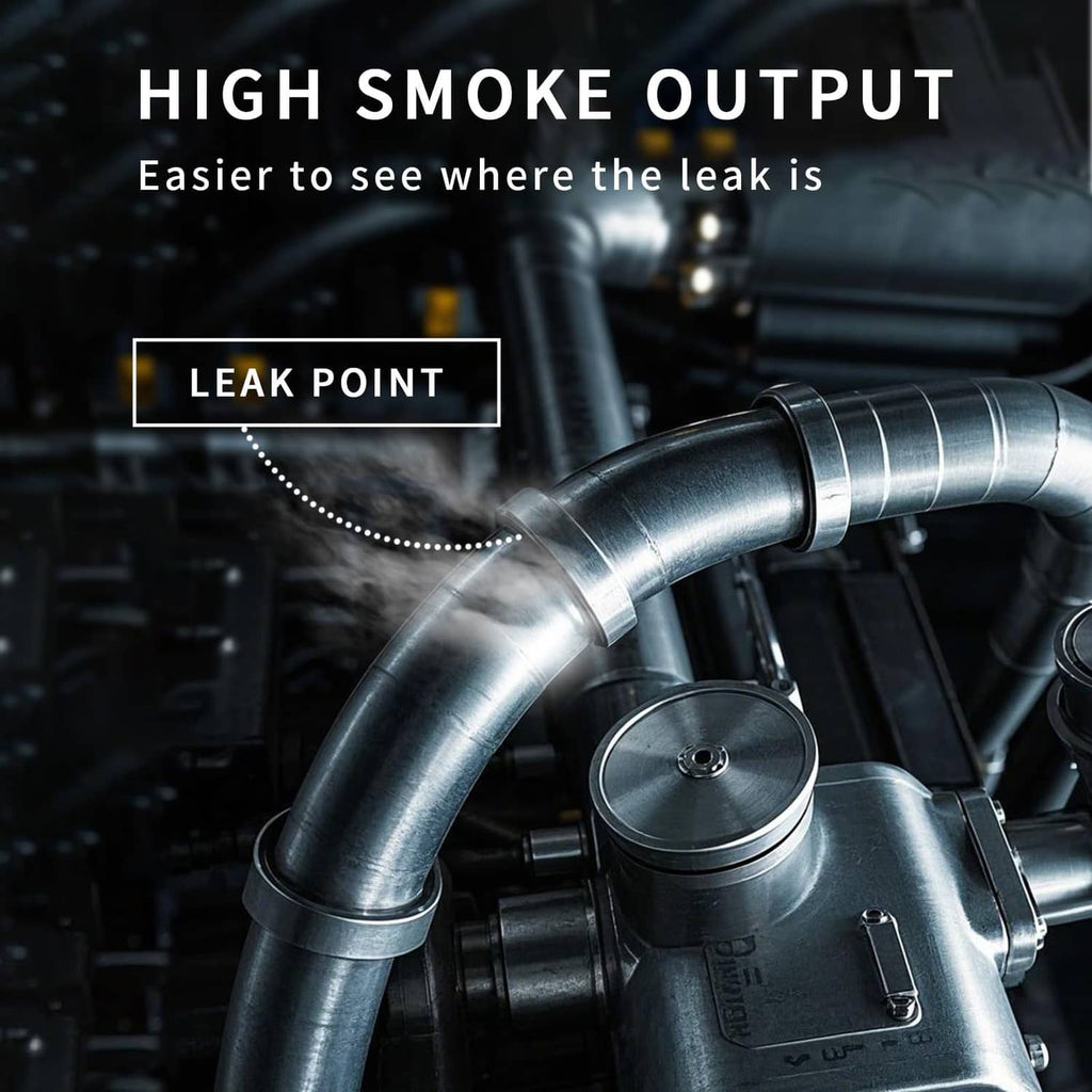 Smoke fluid test bottle with black injector hose near a metal vehicle pipe