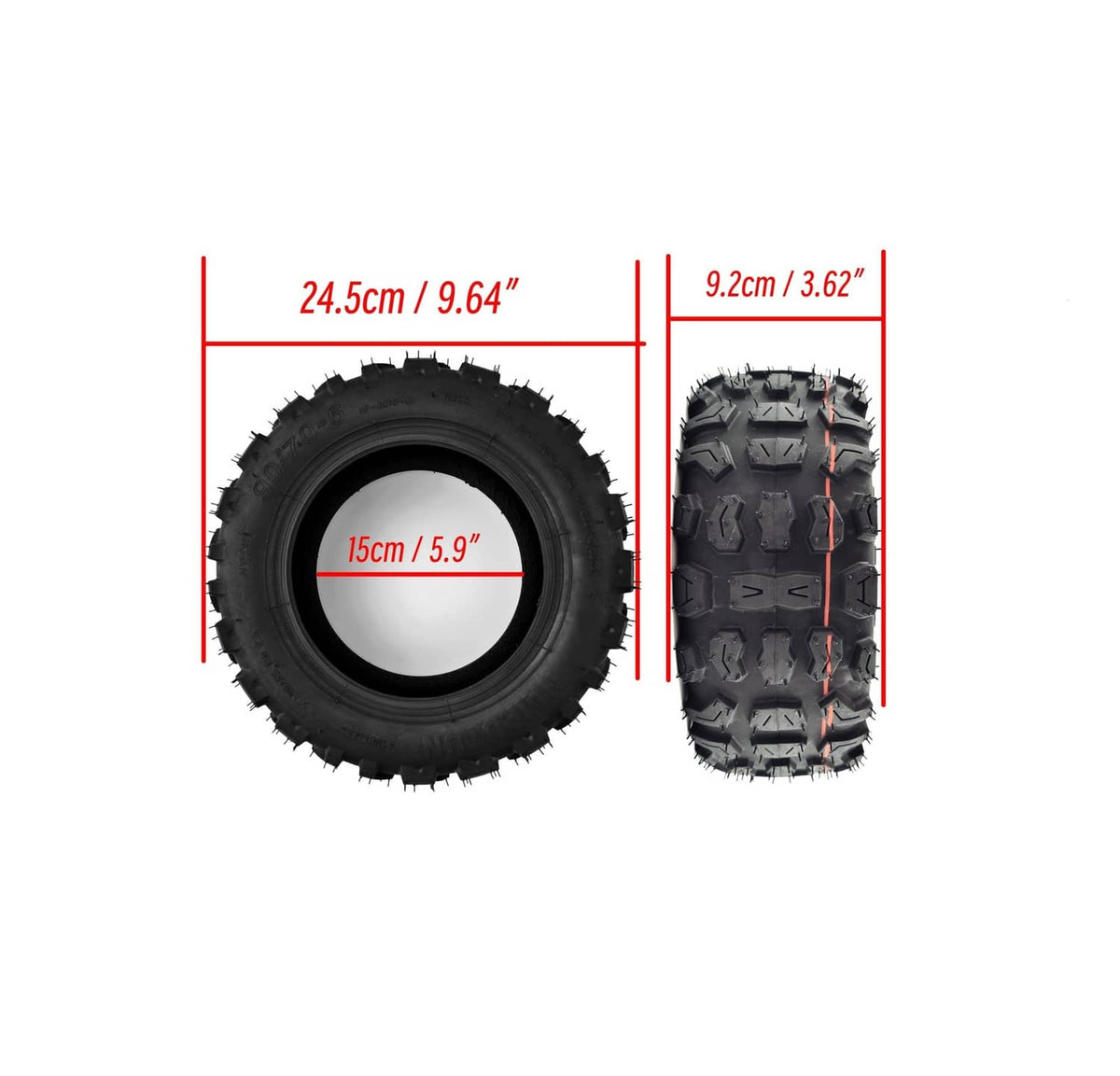 Off-road tire with tread profile, showing outer diameter and width measurements
