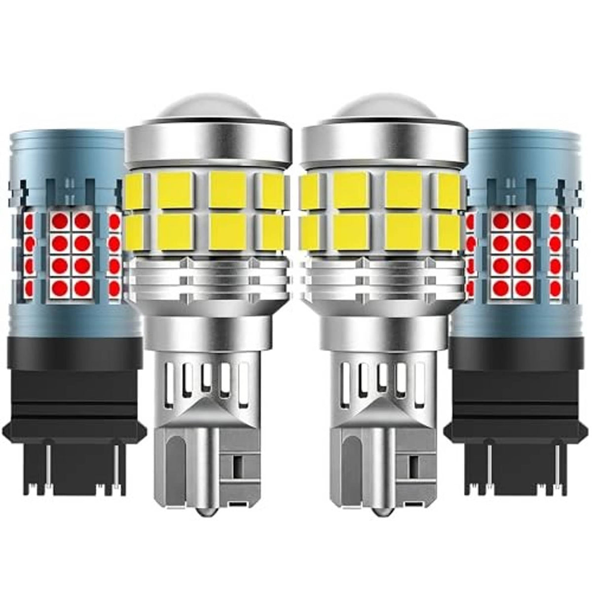 Two front-facing LED tail light bulbs with yellow center boards and red side LED arrays