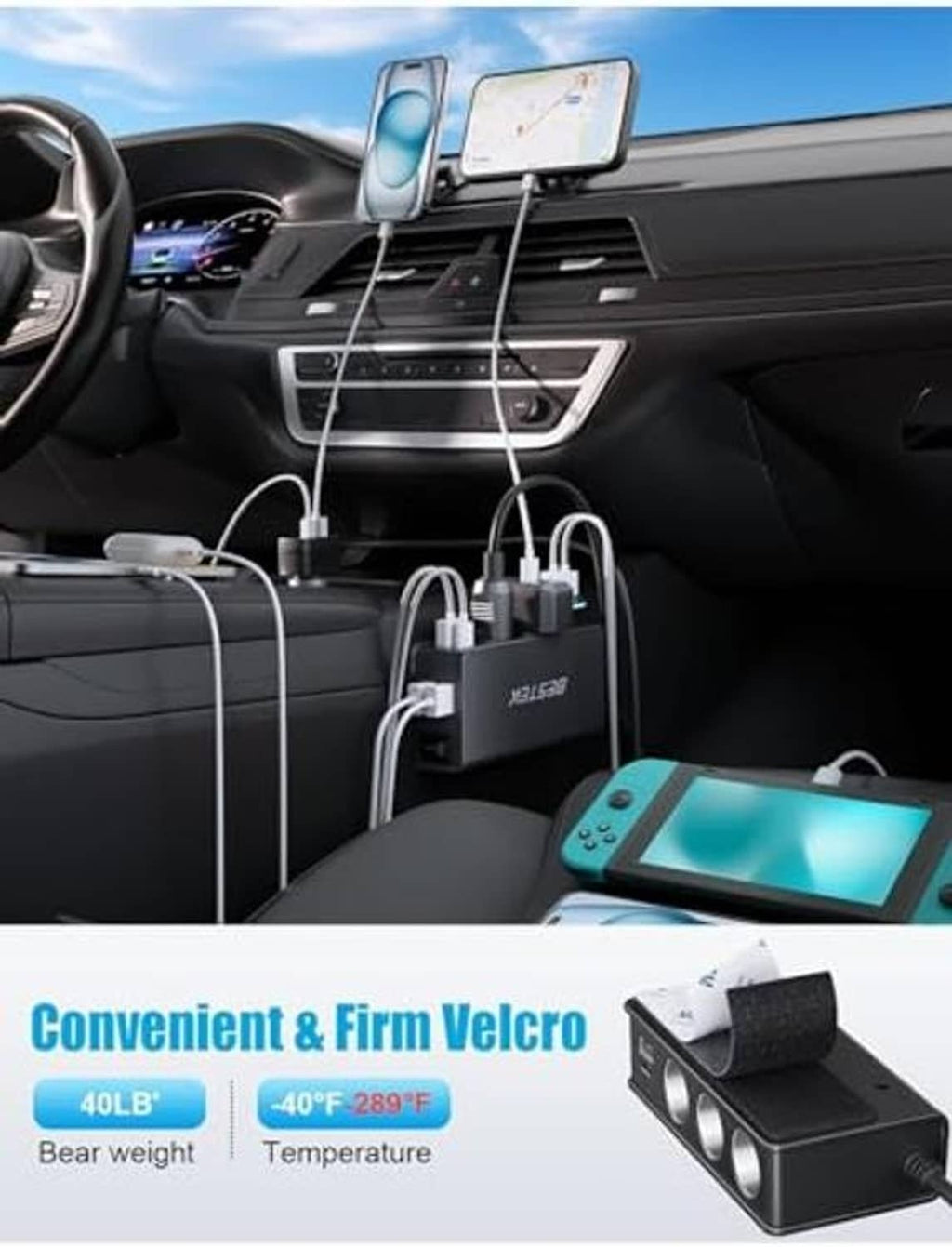 Black car charger splitter with multiple cables mounted inside vehicle console