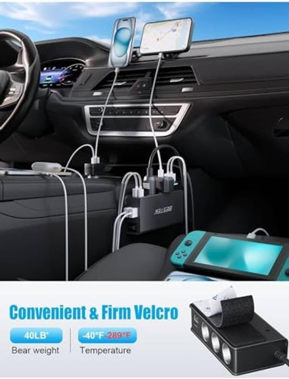 Black car charger splitter with multiple cables mounted inside vehicle console