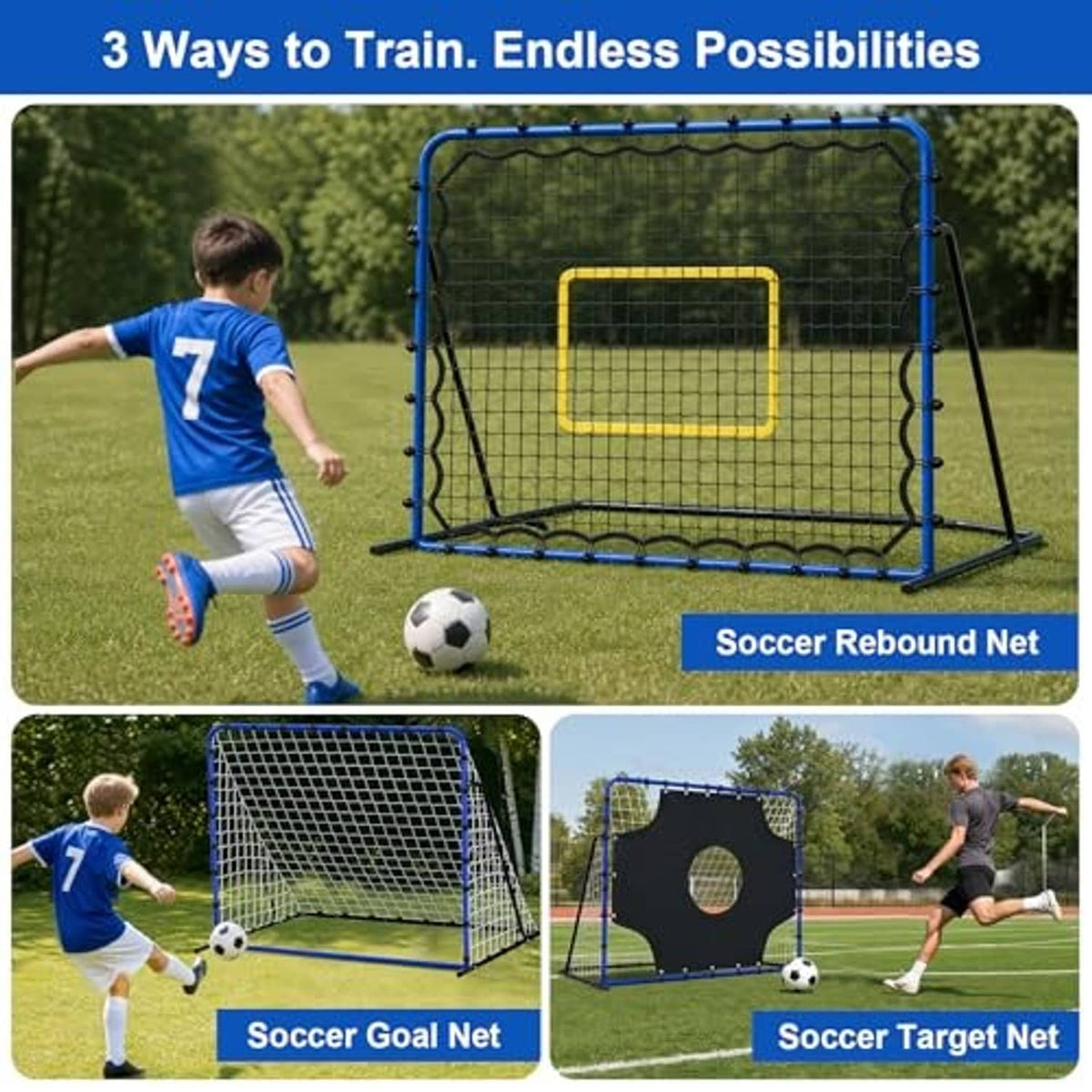 Soccer rebound net with blue frame on grass, child kicking, yellow target panel visible