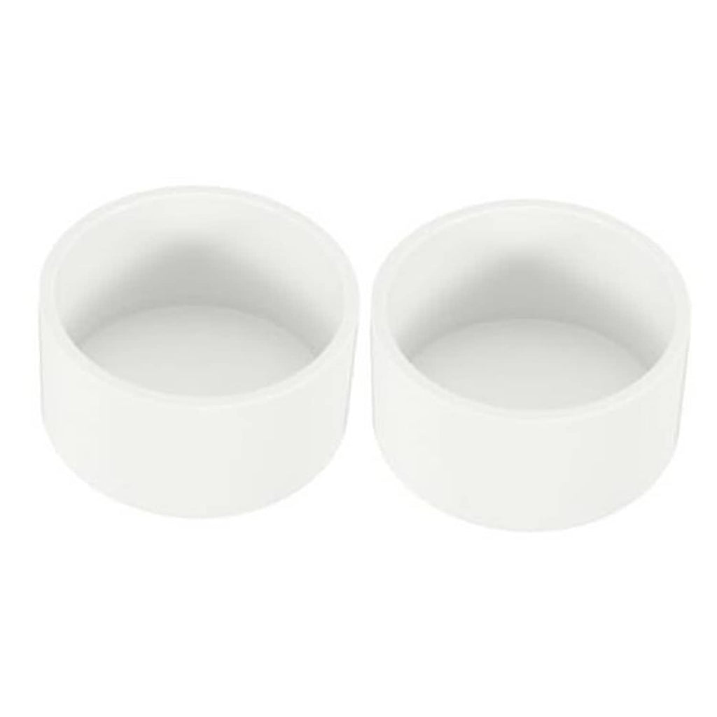 White PVC pipe end cap plugs, open-ended round cylinder fittings (pair).