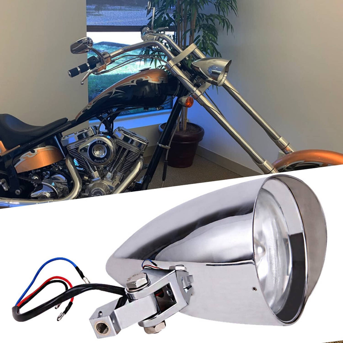 Chrome bullet motorcycle headlight assembly with wiring leads and mounting clamp