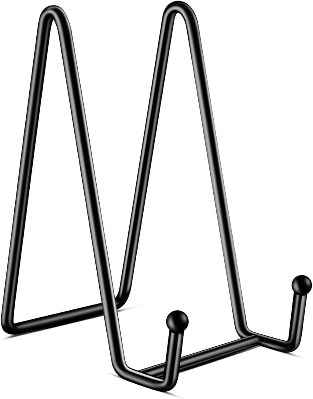 Black metal plate stand, U-shaped metal frame with angled legs and support hook