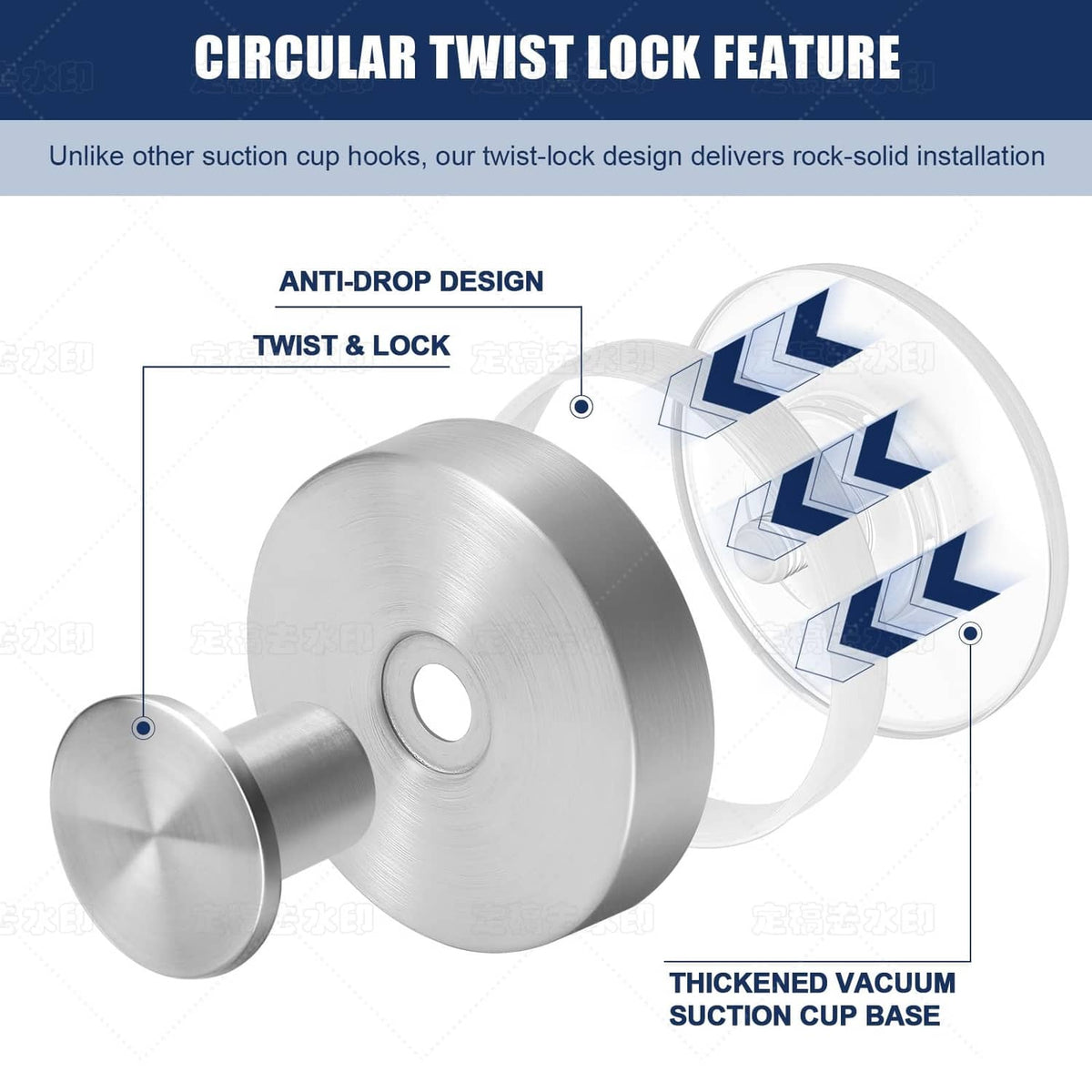 Silver twist-lock suction cup hook with thick vacuum base
