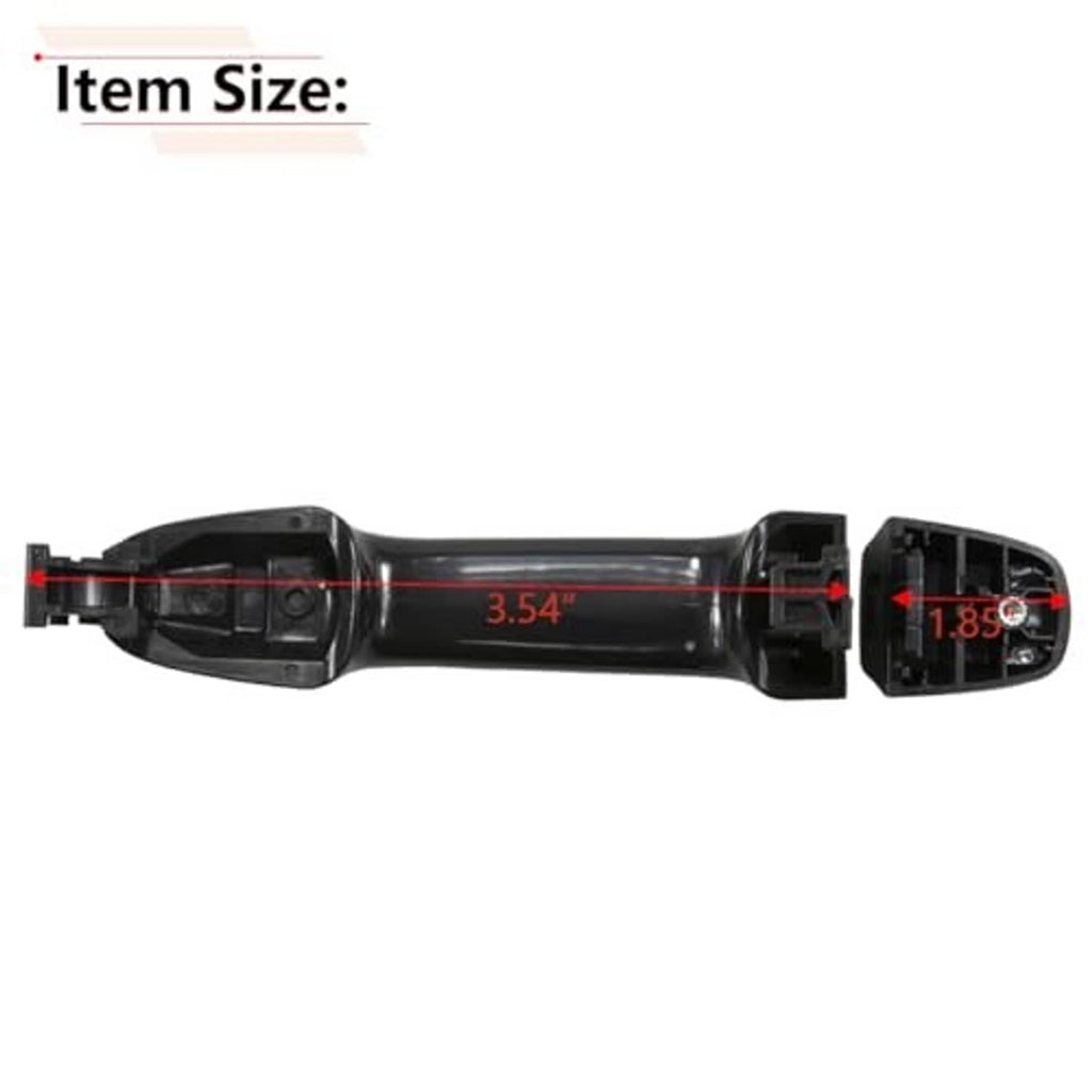 Black exterior door handle with measuring-style overlay, shown front and side