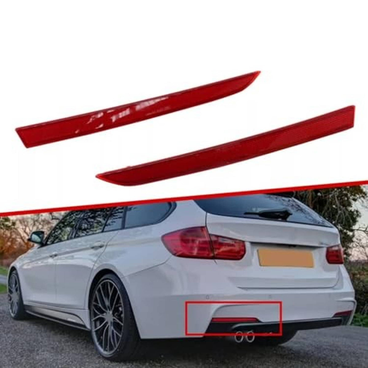 Red rear bumper reflector pair shown on a vehicle rear bumper, left and right
