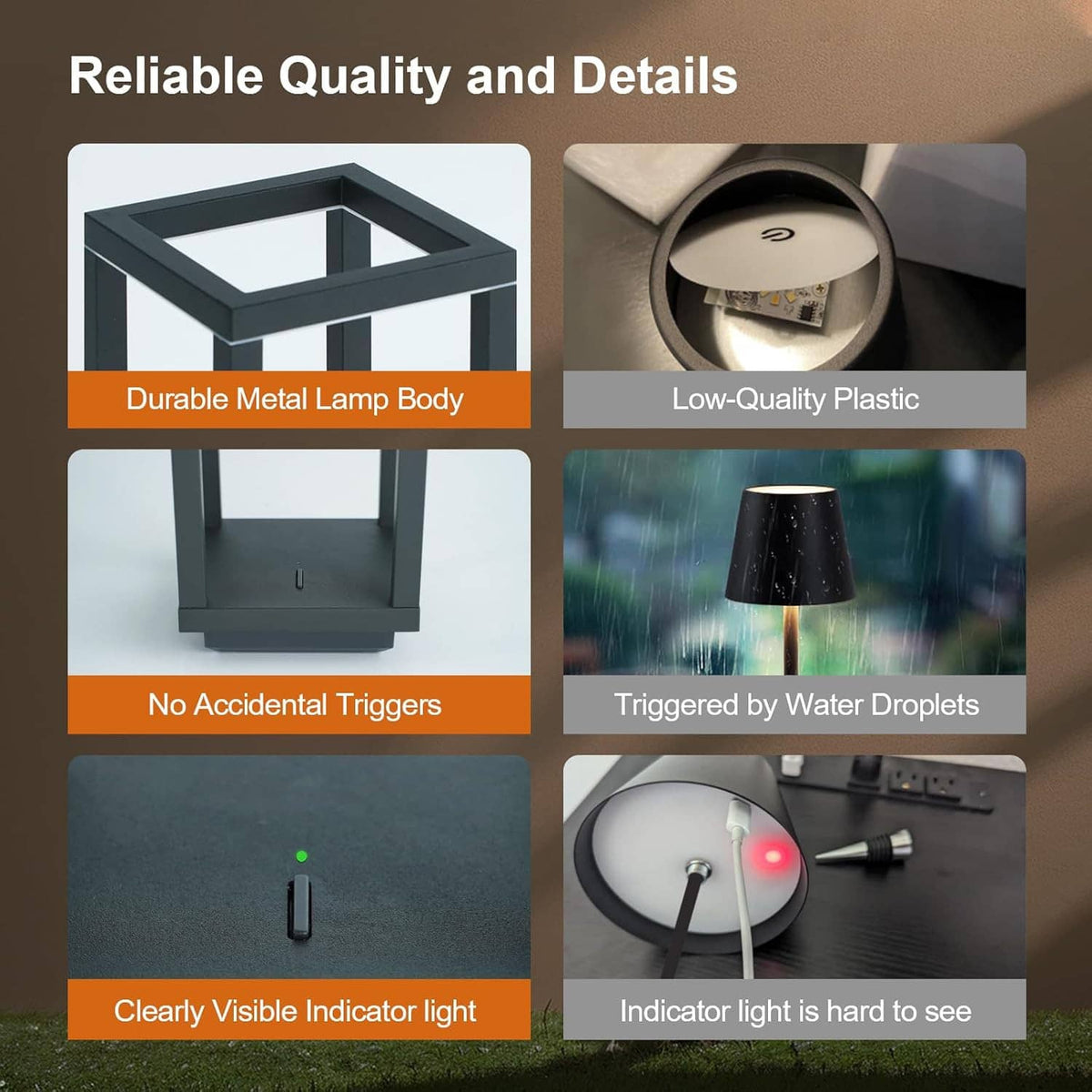 Black lantern-style table lamp with press-button switch and indicator light detail