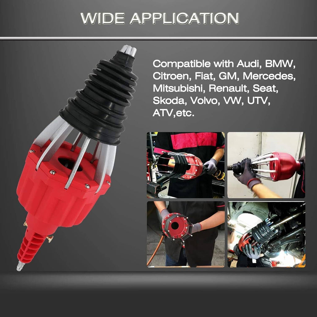 Red pneumatic CV joint boot spreader expander with black rubber boot and metal claws